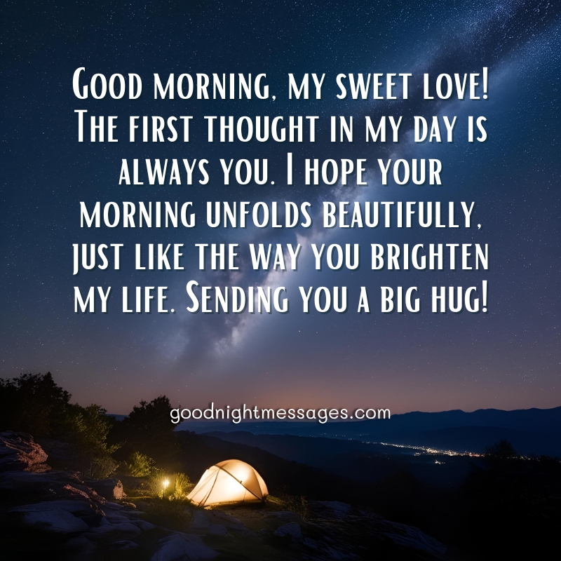 Good morning message love: A dawn scene with an illuminated tent under a starry sky, conveying a good morning love message.