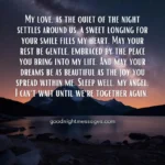 Good Night Long Message for Her: Romantic night message expressing love, longing, and peace, with a beautiful night sky and mountain scenery.