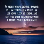 A calm ocean under a starry sky with text: Good night message English, as night wraps around, unwind, release your cares, and relax. Let your sleep be serene, and may you wake tomorrow with a radiant smile. Good night!