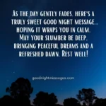 Good Night Message Sweet is shown over a starry night scene with silhouetted trees. The message reads: As the day gently fades, here's a truly sweet good night message... Rest well!