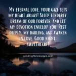 Good Night Message for Her to Fall in Love: A romantic message set against a serene night landscape with a starry sky, reflecting love and affection. The text expresses deep feelings, wishing a tender and loving good night.