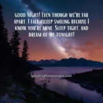 Romantic night sky with stars over a serene lake, featuring the Good Night Message for Him Long Distance: Good night! Even though we’re far apart, I fall asleep smiling because I know you’re mine. Sleep tight, and dream of me tonight!