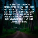 Romantic forest night scene with a starry sky. The image contains a heartfelt message: As the night falls, I find myself thinking of you and how lucky I am to have you in my life. Your love fills my heart with joy and warmth, even when we're apart. I hope you sleep peacefully tonight, knowing that you're always on my mind and forever in my heart. Good night, my love!