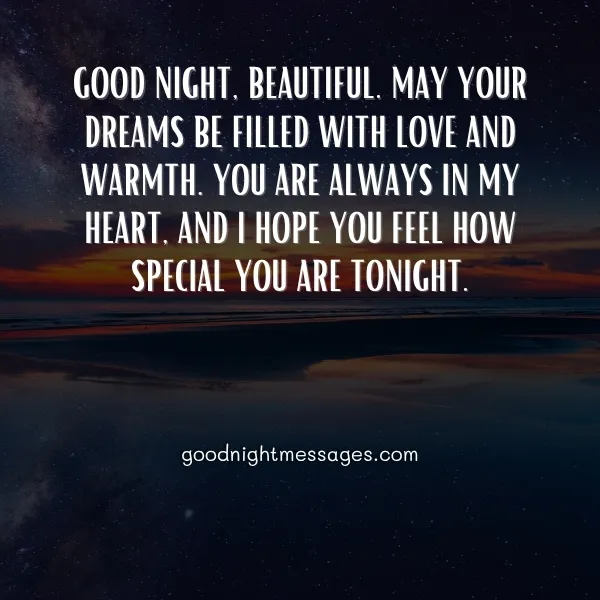romantic good night message for her with love warmth and heartfelt words under a starry night sky background