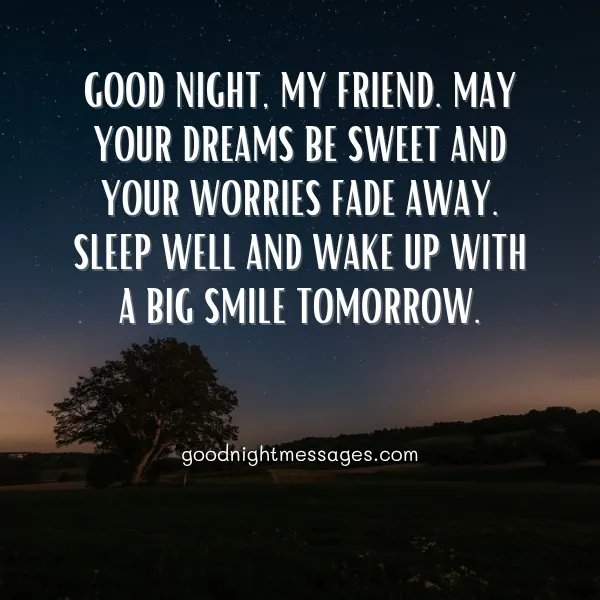 heartfelt good night message for friends with sweet wishes and peaceful countryside under a starry night sky