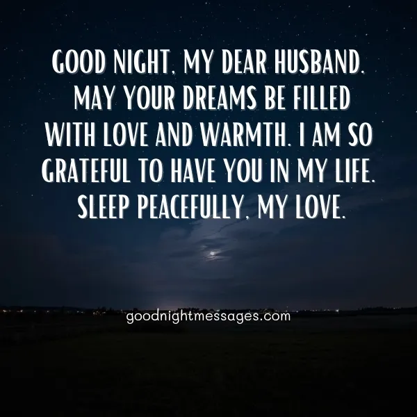 romantic good night message for husband to feel loved with heartfelt words and peaceful moonlit night sky over quiet landscape