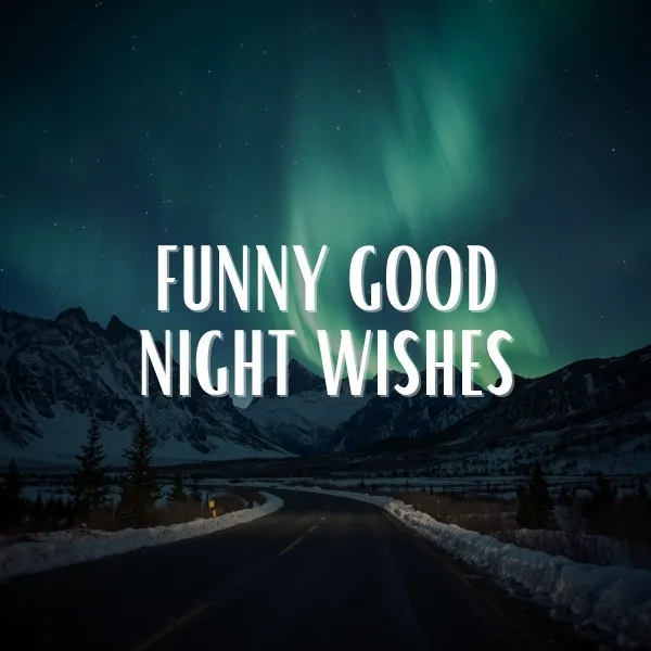 Funny good night wishes illustrated over a winding winter road through snow-covered mountains and pine trees under a vivid green aurora borealis sky
