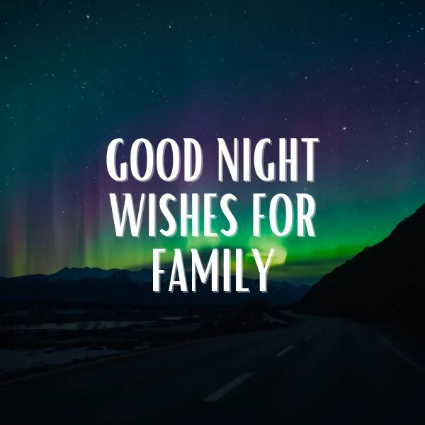 Good night wishes for family illustrated over a dark mountain road under a stunning aurora borealis sky with green and purple northern lights