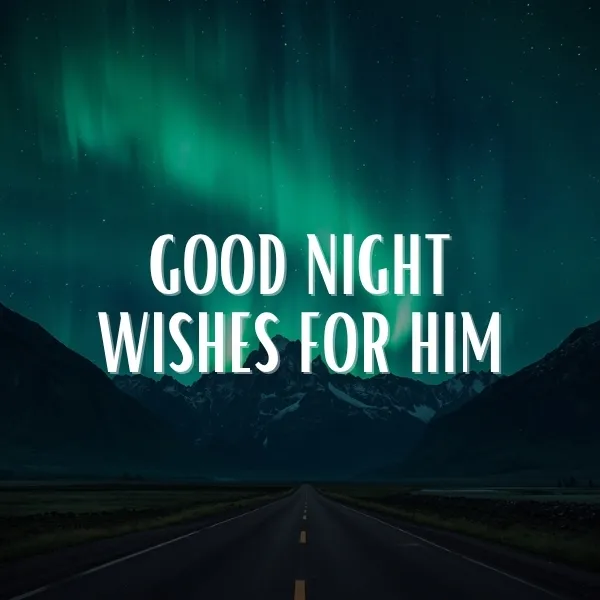 Good night wishes for him illustrated over a straight open road leading toward snow-capped mountains under a vivid green northern lights sky